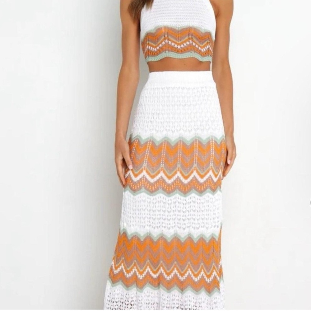 Petal & Pup White Crochet Two-Piece Skirt Set with Orange and Sage Chevron